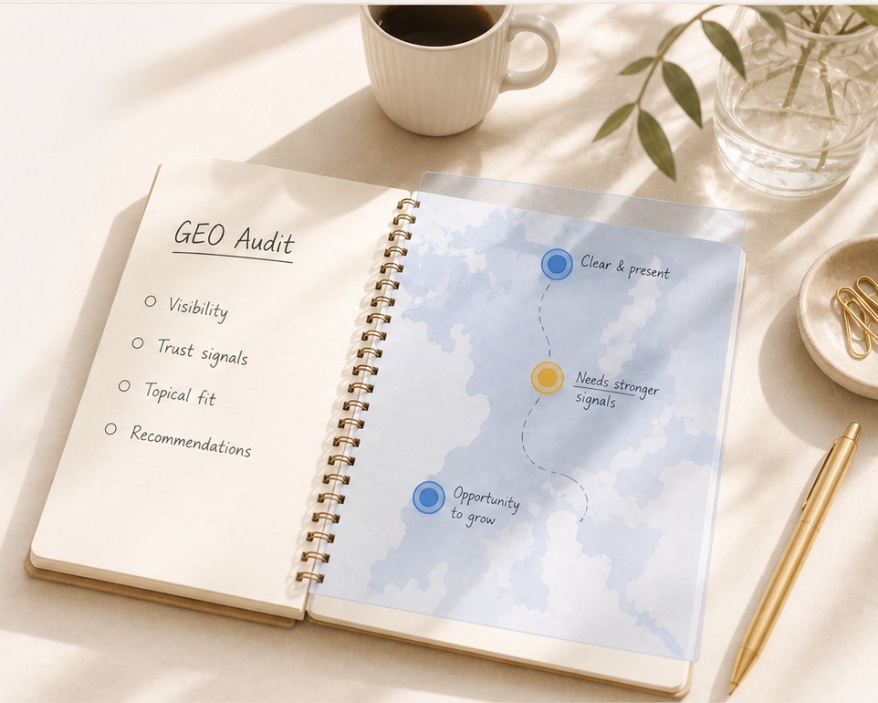 Open GEO audit notebook showing visibility, trust signals and recommendations