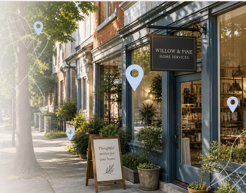 Tree-lined Toronto neighbourhood with a local home services storefront