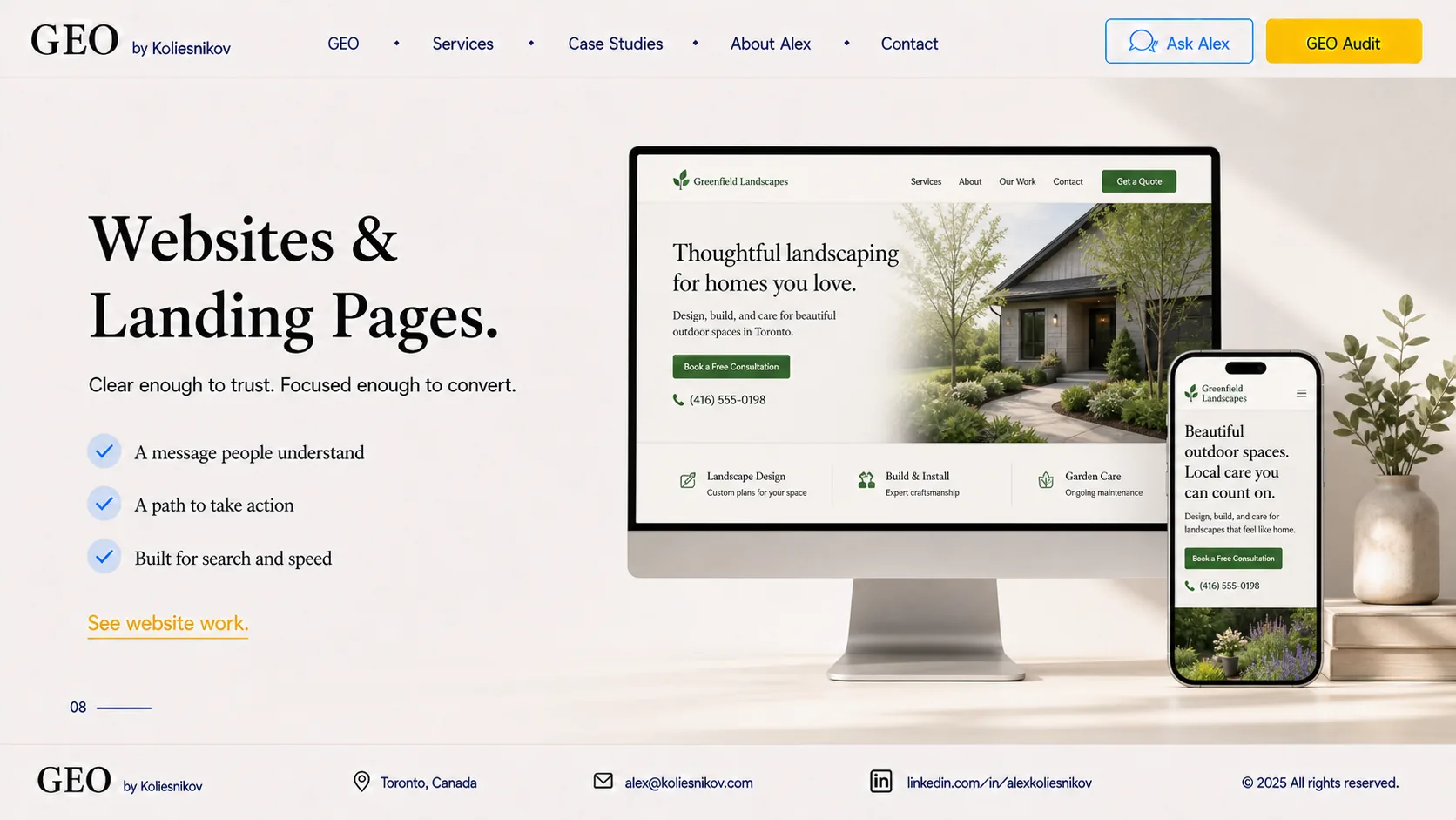 Greenfield Landscapes website shown on a desktop monitor and mobile phone